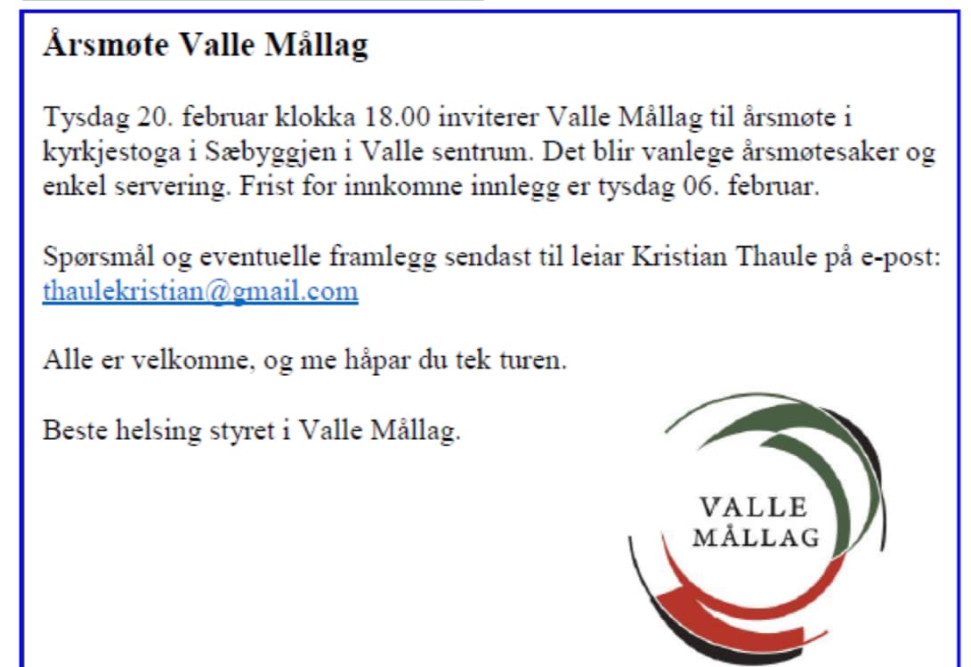 Årsmøte Valle Mållag 2024